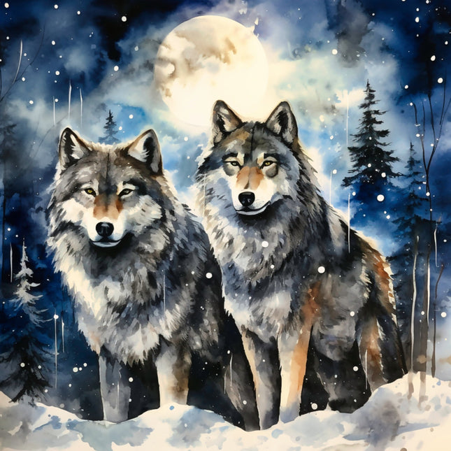Two wolves standing in a snowy landscape with a full moon and trees fabric panel