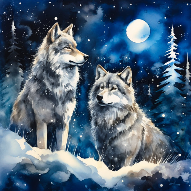 Two wolves standing on a snowy landscape with a full moon quilt panel