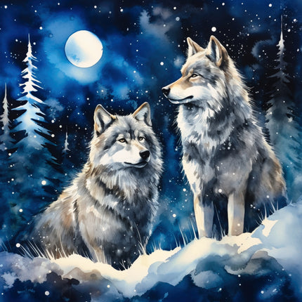 Two wolves standing in a snowy landscape with a full moon and trees fabric panel