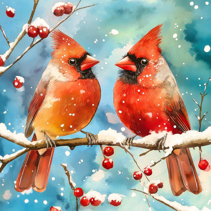 Two red cardinals on a branch with berries and snow fabric panel