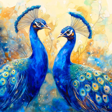 Two peacocks with vibrant blue and green feathers on a colorful background