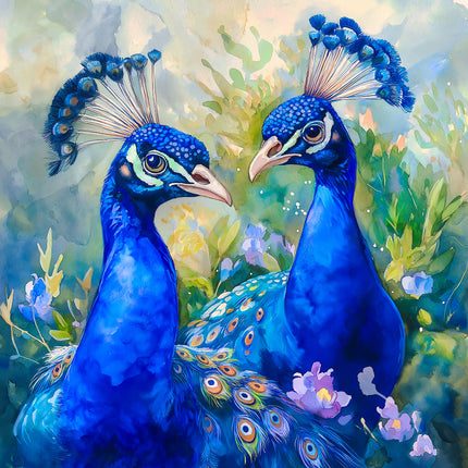 Two peacocks with vibrant blue feathers and colorful tails in a natural setting.