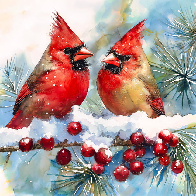Two red cardinals on a branch with berries and snow fabric panel