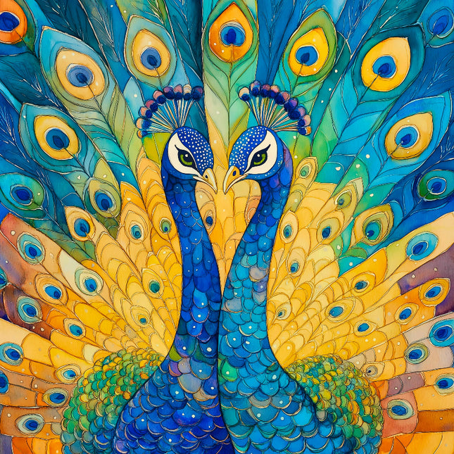 Colorful illustration of two peacocks with vibrant feathers fabric panel