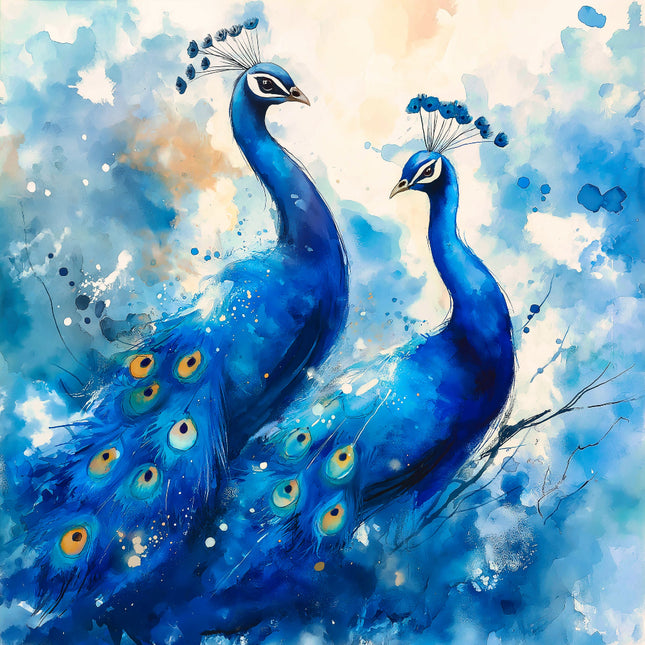 Artistic depiction of two blue peacocks fabric panel