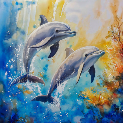 Two dolphins swimming in an underwater scene fabric panel