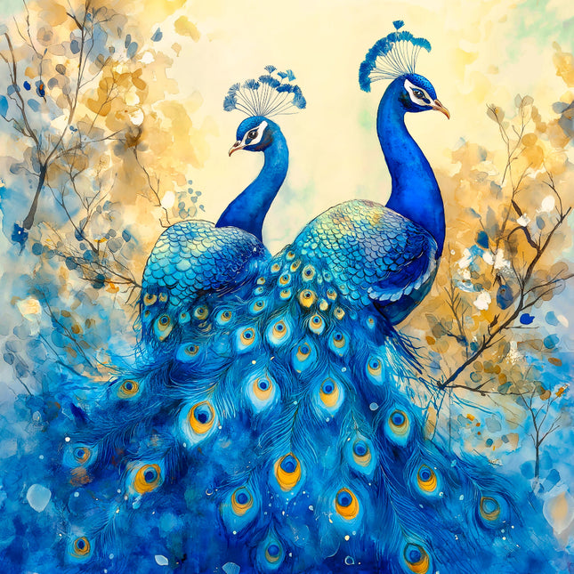 Artistic depiction of two peacocks with a floral background fabric panel