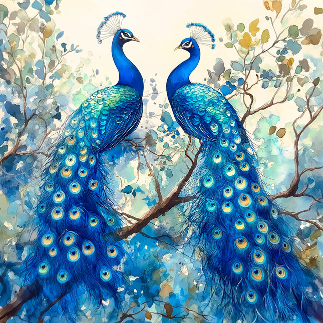 Two peacocks with vibrant blue feathers fabric panel