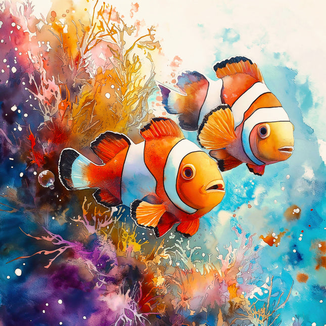 Colorful illustration of clownfish and coral on a watercolor background fabric panel