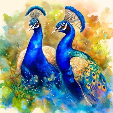 Two peacocks with vibrant blue and green feathers on a colorful background