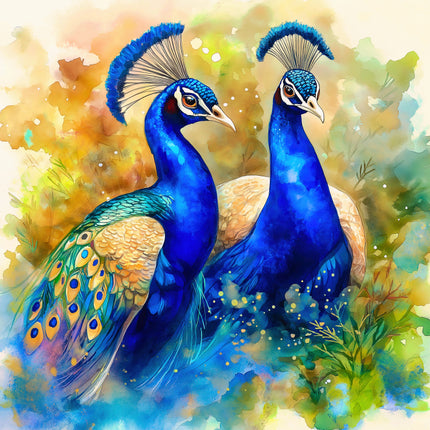 Two peacocks with vibrant blue and green feathers fabric panel