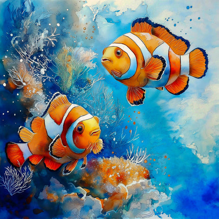 Two clownfish swimming among coral and sea plants in an underwater scene.