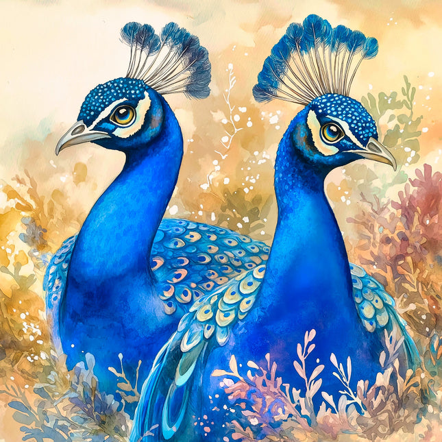 Two blue peacocks fabric panel