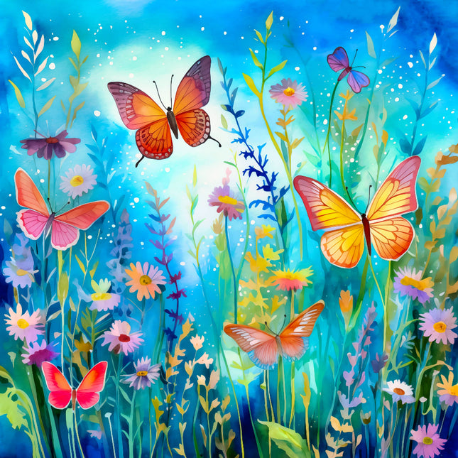 Colorful butterflies and flowers in a garden setting fabric panel
