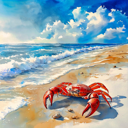 Red crab on a beach with ocean waves and blue sky