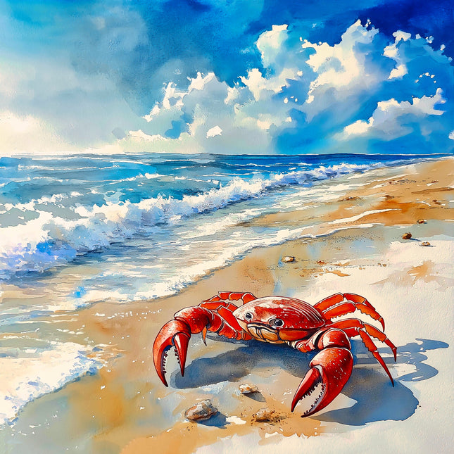 Red crab on a beach with ocean waves and blue sky