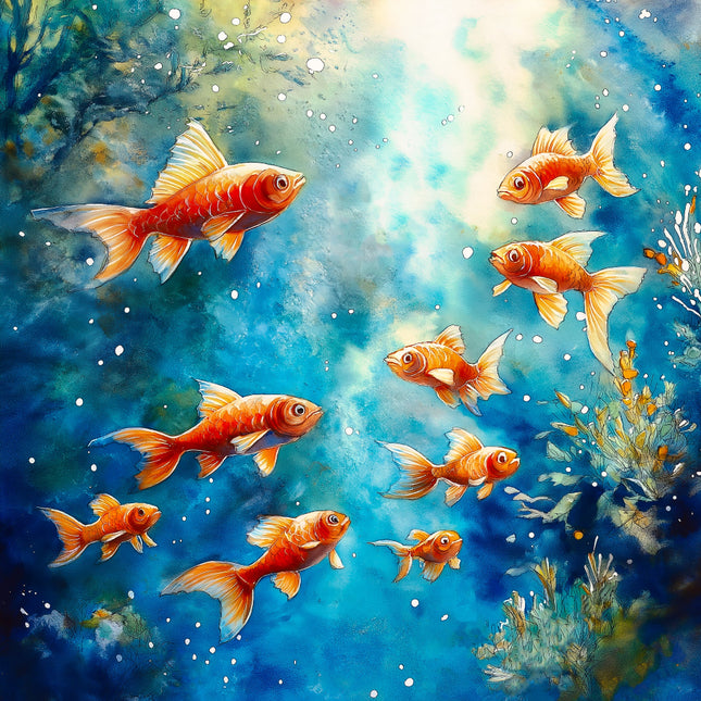 Illustration of goldfish swimming in an underwater scene with blue water and plants.