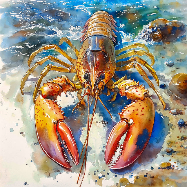 Colorful illustration of a lobster in water with shells and stones fabric panel