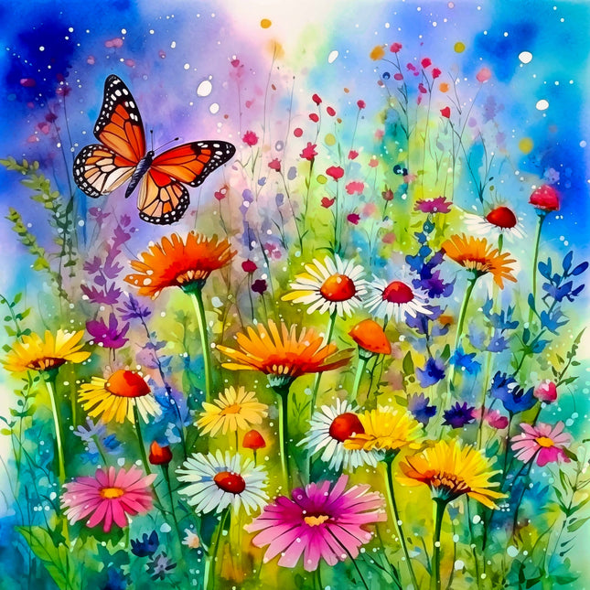 Colorful painting of a butterfly over a field of flowers with a bright and vibrant background fabric panel