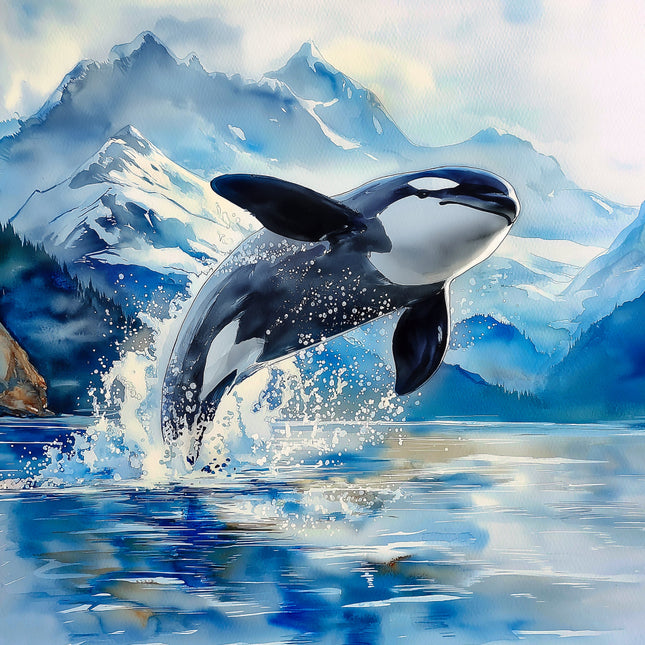 Orca whale leaping out of water with mountains in the background quilt panel
