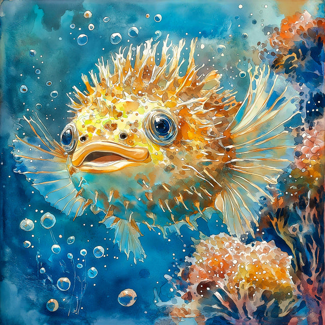 Colorful illustration of a puffer fish in an underwater setting with bubbles and coral.