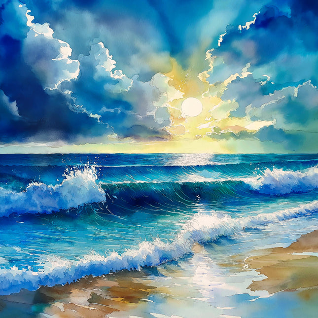 Sunset over the ocean with waves crashing onto a beach fabric panel