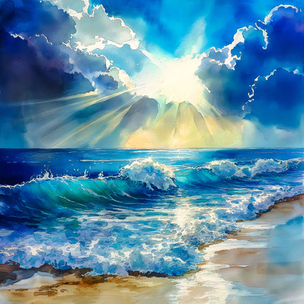 Sunrise over the ocean with waves crashing onto the shore fabric panel