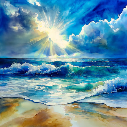 Painting of a sun shining through clouds over a blue ocean with waves quilt block