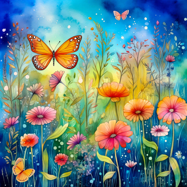Colorful illustration of butterflies and flowers with a blue and green gradient background fabric panel