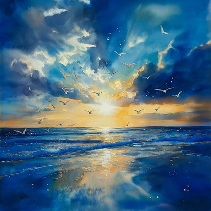 Painting of a sunset over the ocean with birds flying in the sky fabric panel