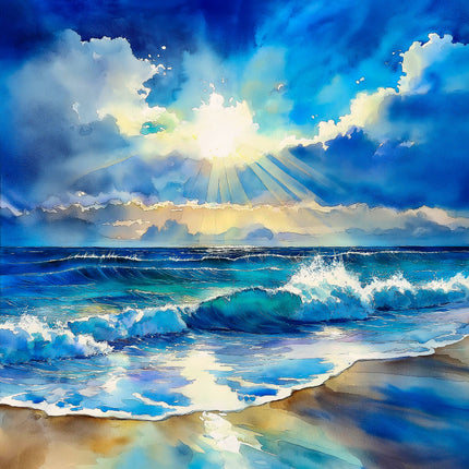 Painting of a beach scene with waves, sun, and clouds