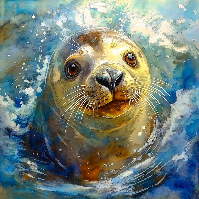 Artistic depiction of a seal underwater fabric panel