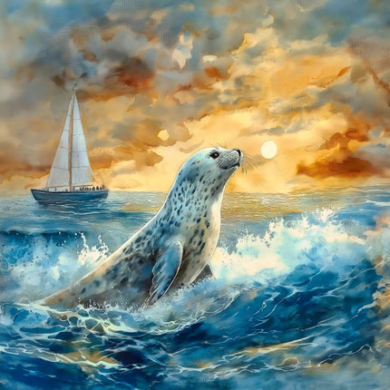 Seal in the ocean with a sailboat and sunset sky fabric panel