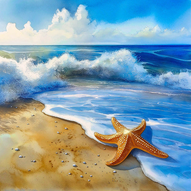 Starfish on a beach with waves crashing in