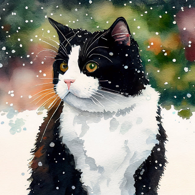 Artistic depiction of a black and white cat with a snowy background fabric panel