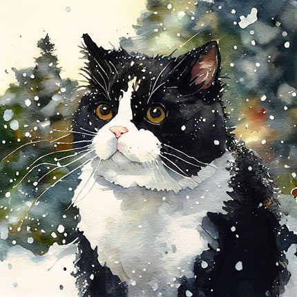 Illustration of a black and white cat in a snowy landscape fabric panel