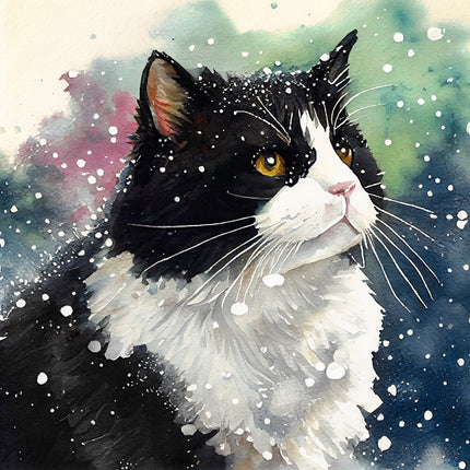 black and white cat in a snowy scene fabric panel