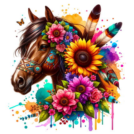 horse with flowers and feathers fabric panel