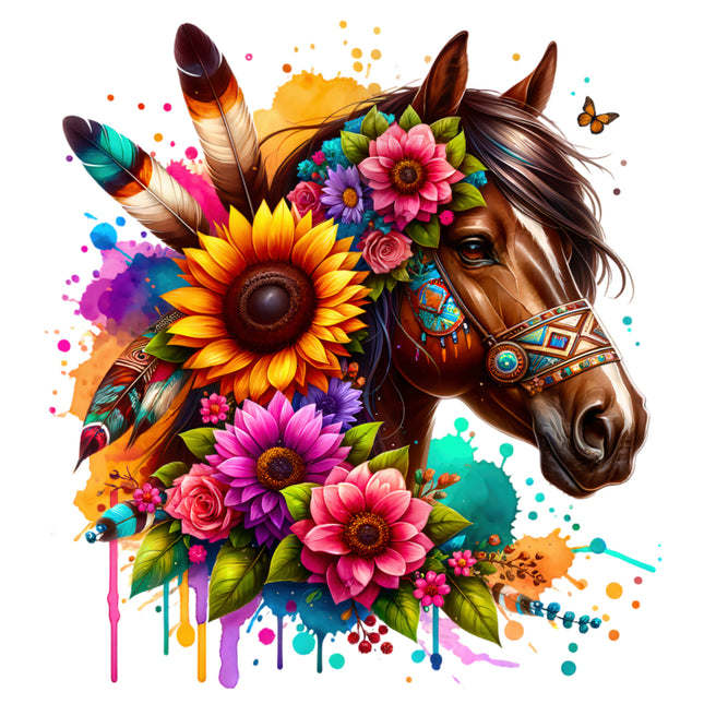 Colorful illustration of a horse surrounded by flowers and feathers fabric panel