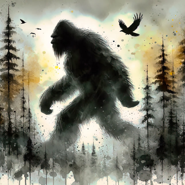 Artistic depiction of a bigfoot-like creature in a forest with trees and birds.