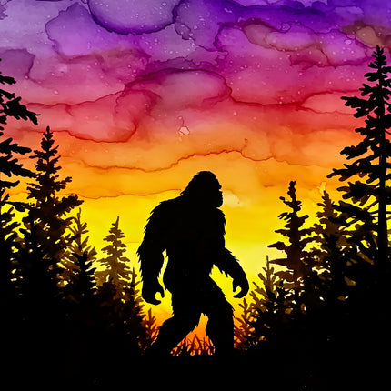 bigfoot in a forest with a colorful sky fabric panel