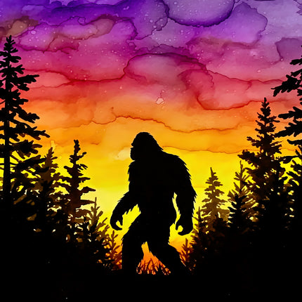 Silhouette of a bigfoot in a forest with a colorful sky fabric panel