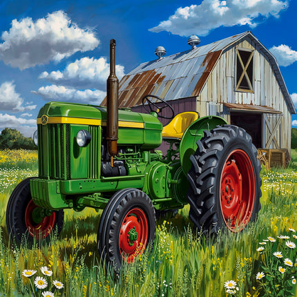 Green tractor with red wheels in a field with a barn in the background fabric panel