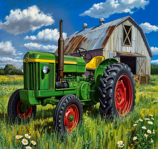Green tractor with red wheels in a field with a barn in the background fabric panel