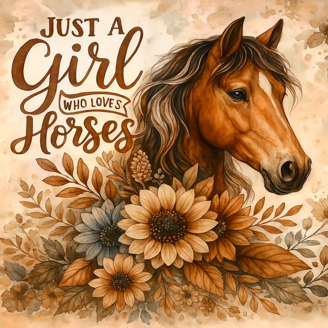 Illustration of a horse with flowers and text 'Just a Girl Who Loves Horses' on a floral background fabric panel