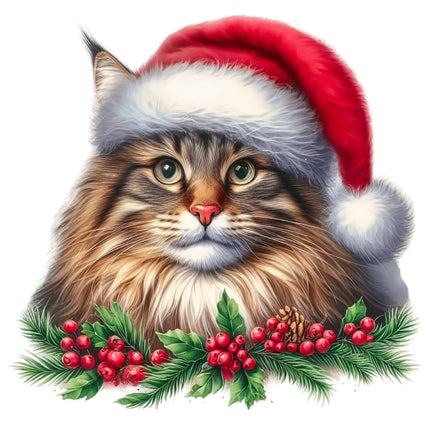Cat wearing a Santa hat with holly and berries fabric panel