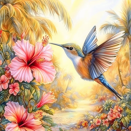 Hummingbird and pink flowers quilt block