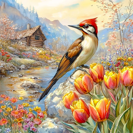 Bird perched on flowers with a scenic background featuring a cabin and mountains fabric panel
