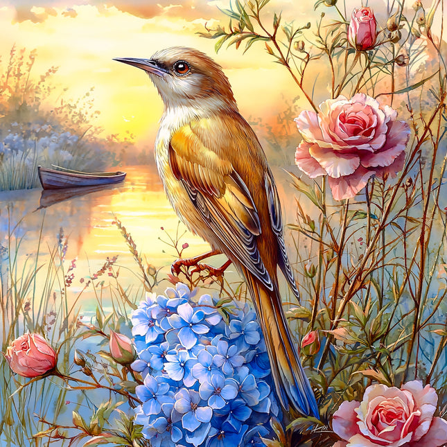 Bird perched on flowers with a serene landscape fabric panel