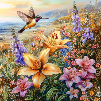 Hummingbird and flowers with a scenic background fabric panel